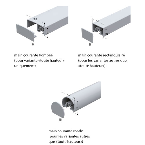 garde-corps aluminium Panorama mains courantes profilé rond, carré, bombé