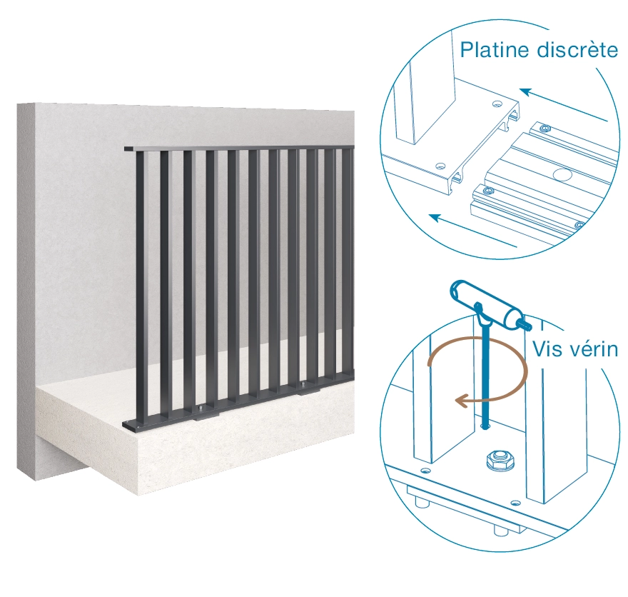 Garde-corps Zébral barreaudé avec platine discrète. Installation facile.